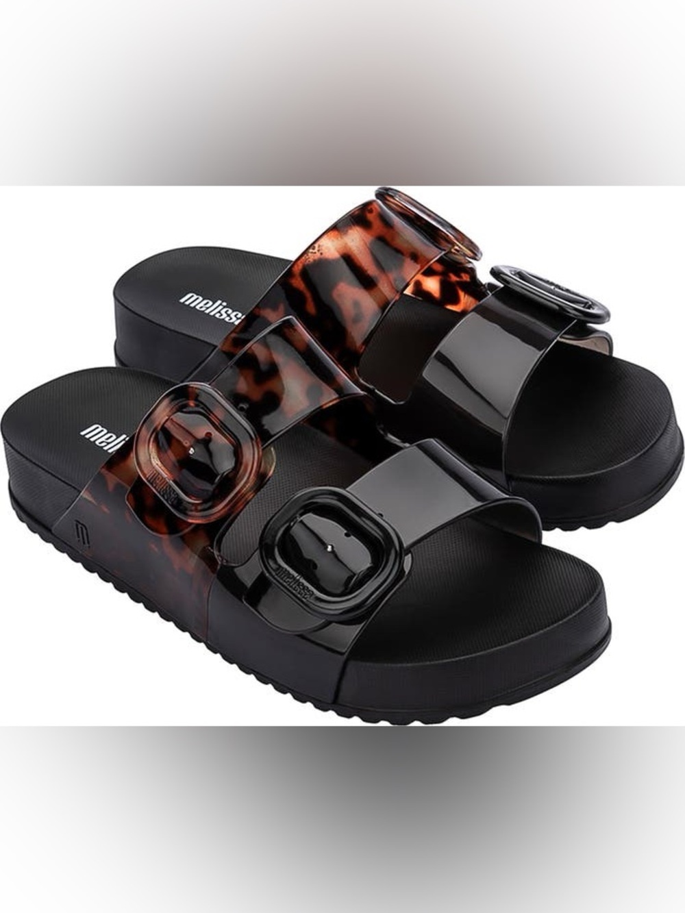 Melissa cozy buckle slide sandals - black/tortoise size 8 NEW